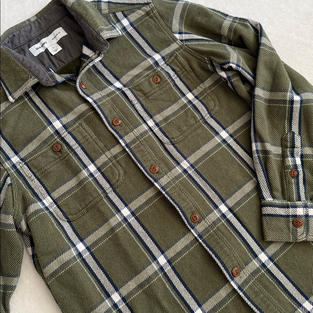 Old Navy | Regular Fit Plaid Cotton Twill Long Sleeve Shirt 504439 Olive (S)